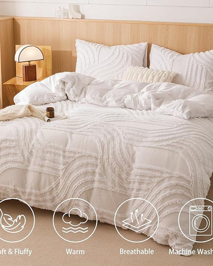 Ivory Queen Comforter Set - 7 Pieces Bed in a Bag, Premium Comforters Queen Size Bed Set Tufted Shabby Chic Bedding Comforter Set with Flat Sheet, Fitted Sheet and Pillowcases,White