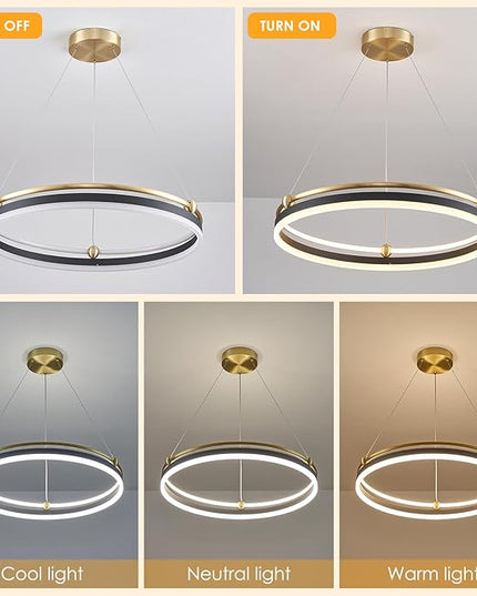 Modern LED Pendant Light 23.6" Black Gold Dimmable Circular LED Chandelier 1 Ring with Remote, Round Hanging Light for Kitchen Island Dining Room Living Room Foyer Entryway, 2-Ring Lighting