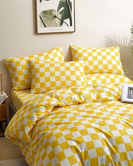 Houseri Plaid Comforter Set - Full Size Yellow Grid Bedding - Teen Girls Preppy Dorm Bedding