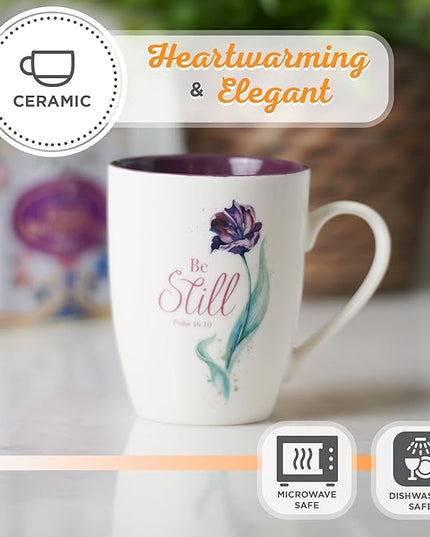 Christian Art Gifts Encouraging Scripture Ceramic Coffee & Tea Mug for Women: Be Still & Know Inspirational Psalm Bible Verse, Microwave & Dishwasher Safe, Novelty Cup, White & Purple Floral, 12 oz.