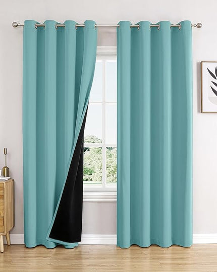 ChrisDowa 100% Blackout Curtains 80 inch Long for Bedroom with Black Liner, 2 Thick Layers Total Blackout Thermal Insulated Grommet Window Curtains 2 Panels Set (Aqua, 52 x 80 Inch)
