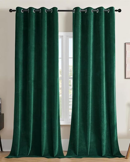 Joydeco Dark Green Velvet Curtains 90 Inches Long, Luxury Grommet Blackout Curtain 2 Panels, Thermal Insulated Privacy Room Darkening Window Drapes for Bedroom Living Room Home Theatre (52Wx90L)