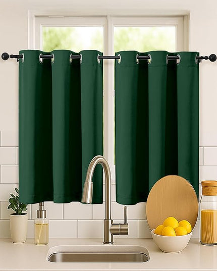 Simplebrand Ever Green Short Cafe Curtains 36 Inch Length 2 Panels Set, Half Window Grommet Privacy Drape Tiers for Kitchen, Thermal Insulated Room Darkening Curtains for Bathroom Shades, W40 x L36