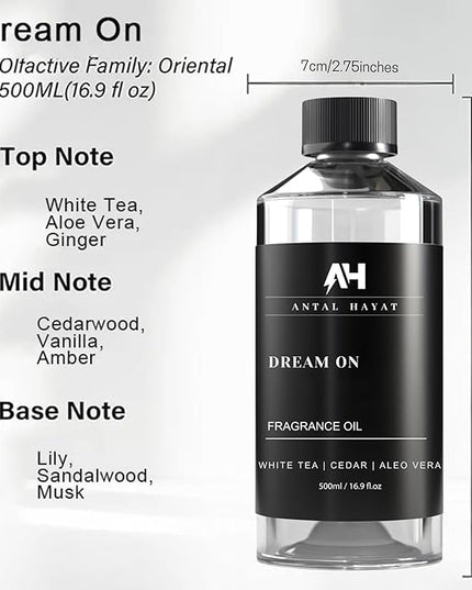 Dream on Essential Oil Scent 500mL - Luxury Home Aromatherapy Diffuser Oil - Formulated with Hints of Bright White Tea, Sweet Vanilla, & Earthy Cedar - Inspired by One Hotel Miami Beach