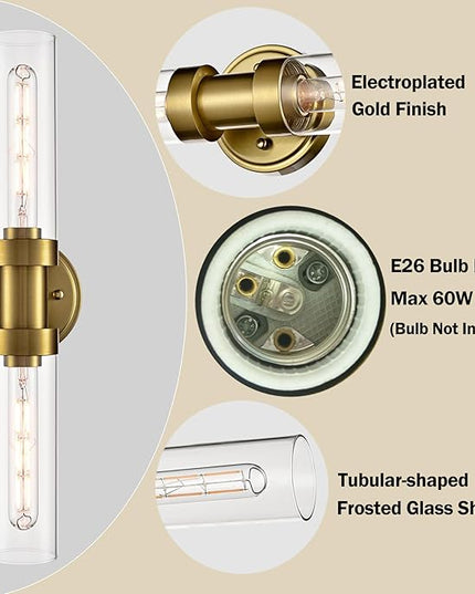Modern Gold Wall Sconce with Clear Glass Shade 2-Light Bathroom Vanity Lights 20-Inch Brass Glass Wall Light Fixtures for Hallway Staircase Living Room