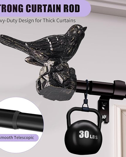 Curtain Rods 48 to 90 Inches Vintage Oil Bronze Curtain Rods for Windows Adjustable Drapery Rod with Bird Finials Heavy Duty Window Brown Curtains Rod for Living Room Bedroom