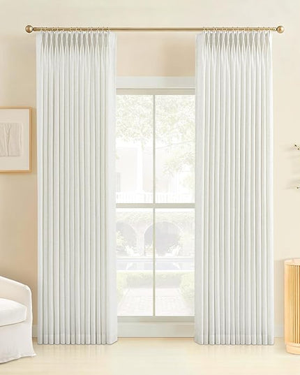 Pinch Pleated Linen Curtains 84 Inches Long, Light Filtering Curtains for Living Room, Farmhouse Window Curtains for Bedroom, Modern Drapes with Hooks and Rings, White, 2 Panels Set