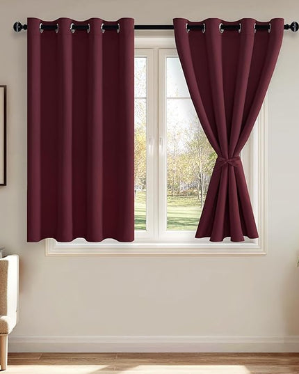 JIUZHEN Burgundy Blackout Curtains with Tiebacks Thermal Insulated, Light Blocking and Noise Reducing Grommet Curtains for Bedroom and Living Room, Set of 2 Window Curtain Panels, 52 x 45 Inch Length