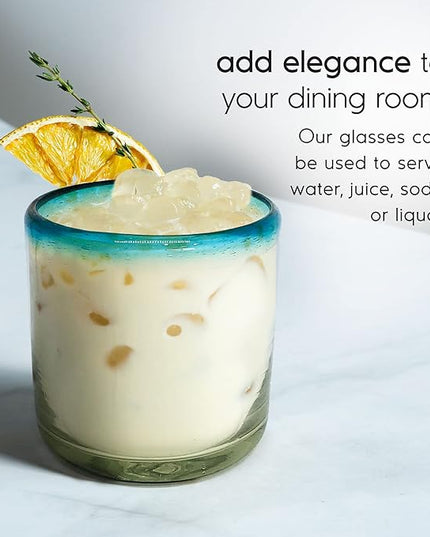 Aqua Blue Rim 8 oz DOF Rocks Glasses (set of 6) Mexican Handmade Glassware, Recycled Glass, Lead-free, Toxin-Free (DOF Rocks)