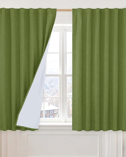 LAMIT Olive Green 100% Blackout Linen Curtains for Bedroom, 45 Inches Linen Textured Thermal Drapes Back Tab and Rod Pocket Window Christmas Panels with White Liner, 2 Panels, 52 x 45 Inch