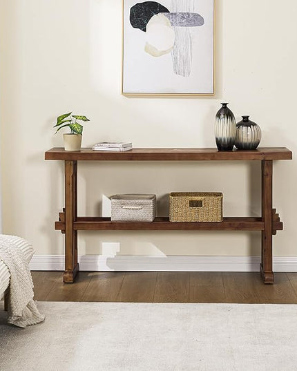 Kmax Entryway Table, 59 inchs Wood Farmhouse Console Table Boho Hallway Table Rustic Couch Table Behind Sofa for Outdoor Entrance Living Room - Walnut