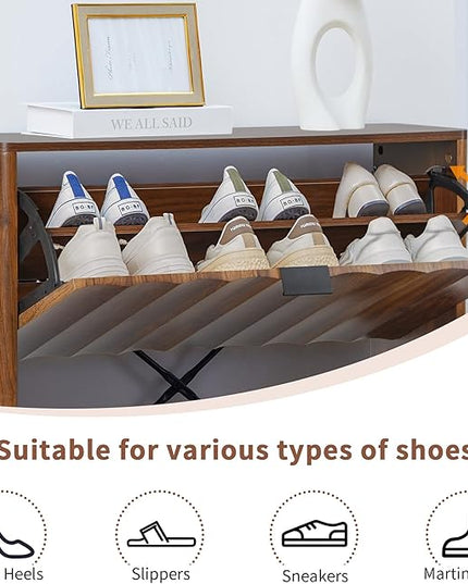 31.5” Fluted Shoe Cabinet Storage with 2 Flip Drawers,Narrow Freestanding Shoe Storage Organizer,Slim Shoe Rack Cabinet for Entryway,Hallway (Walnut)