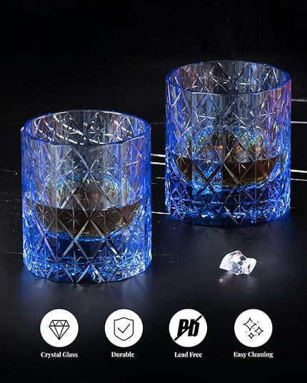 KAMMAK Crystal Whiskey Glass Set of 2, 7.78 oz (230 ml) Handmade Old Fashioned Tumbler, Thick Base Colored Glass with Delicate Rim & Seamless Design for Scotch, Bourbon, Cocktails, Blue 12-Facet