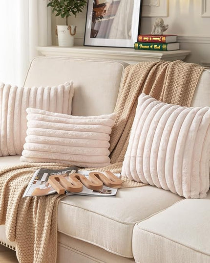 DEELAND Pack of 2,Double-Sided Faux Fur Plush Decorative Throw Pillow Covers Fuzzy Striped Soft Pillowcase Cushion Covers for Sofa Couch Bedroom Beige 20x20 inch