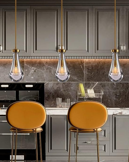 Modern Raindrop Pendant Lights, Pendant Lights for Kitchen Island, Brass Rod Dining Room Light Fixture， Clear Solid Raindrop Chandelier, Chandelier for Living Room Hallway, Including Bulb