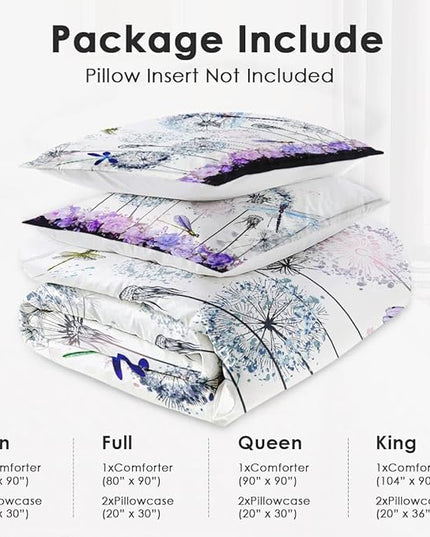 Twin Size Comforter Set with Pillowcase, Spring Dragonfly Purple Flower 2 Pcs Bedding for Kids and Adults, Vintage Summer Botanical Soft Comforter Set for Bedroom Bed Decor