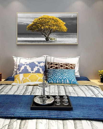 Framed Canvas Wall Art For Living Room & Bedroom - Large Size Black And White Scenery - Boho Home Decor - Yellow Trees - Natural Wood Frames