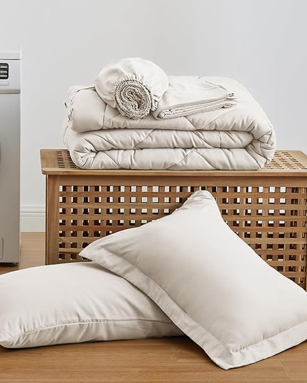 Love's cabin Twin Comforter Set Off White, 5 Pieces Twin Bed in a Bag, All Season Bedding Sets with 1 Comforter, 1 Flat Sheet, 1 Fitted Sheet, 1 Pillowcase and 1 Pillow Sham