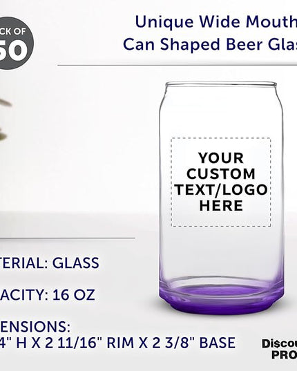 Custom Beer Can Glasses Set of 50, 16 oz. Pint Sized, Promotional Text, Logo, Soda Can Shape, Glassware, Purple