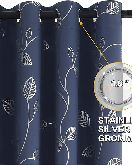 BUHUA Room Darkening Curtains 63 Inch Length, Window Treatments for Living Room Grommet Curtains with Silver Leaf Foil Design (52 x 63 Inch,Navy Blue,Set of 2)