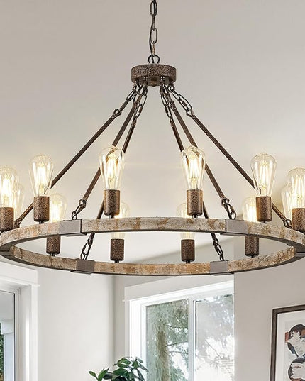 Farmhouse Wagon Wheel Chandelier 31" Wooden Chandelier Light Fixture 12-Light Rustic Chandeliers for Dining Room Living Room Entryway Foyer