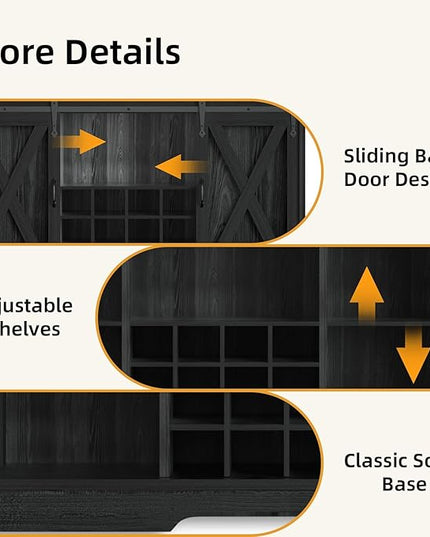55'' Farmhouse Coffee Bar Cabinet with 3 Tier Storage Hutch, Coffee Bar Station with Sliding Barn Door, Hutch Storage Cabinet with 12 Wine Racks & 9 Hooks for Kitchen Dining Living Room