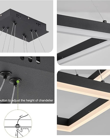 2 Rings Modern LED Chandelier Black 23.6inch Rectangle Dimmable LED Pendant Light with Remote Control 2 Tier Flush Mount High Ceiling Light for Dining Living Room Foyer(3000K-6500K, H59)