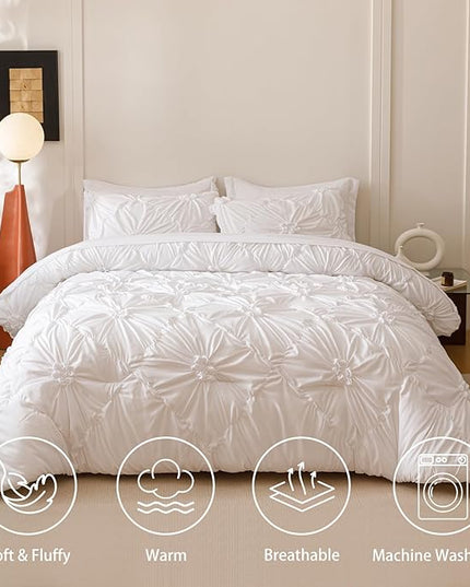 White Queen Comforter Set - 7 Pieces Bed in a Bag, Premium Comforters Queen Size Bed Set Pintuck Pinch Pleat Complete Comforter Set with Flat Sheet, Fitted Sheet and Pillowcases,White