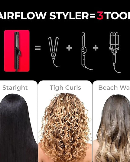TYMO Airflow 2.0 Curling Iron Flat Iron - Hair Straightener and Curler 2 in 1, 1.25 Inch Curling Wand for Long Short Hair, Dual Voltage for Travel, 54 Million Ionic, Anti-Tangle, 5 Temps, Black