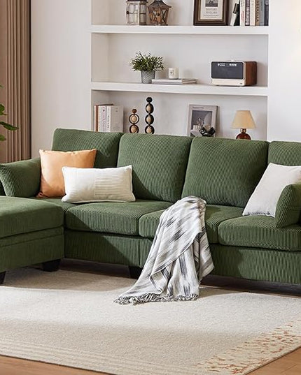 CHIC HOUSE Corduroy Modular Sectional Couch with Ottoman Chaise, L/U Shaped Sleeper Sofa for Living Room, Apartment, Lounge, Modern Armrest Neck Support Furniture (5 Seater Sectional, Green)