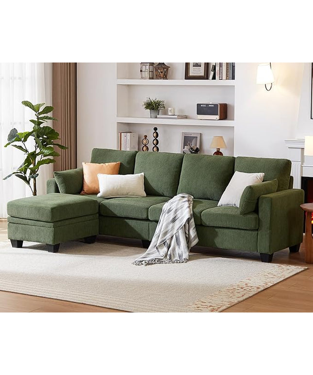 CHIC HOUSE Corduroy Modular Sectional Couch with Ottoman Chaise, L/U Shaped Sleeper Sofa for Living Room, Apartment, Lounge, Modern Armrest Neck Support Furniture (5 Seater Sectional, Green)