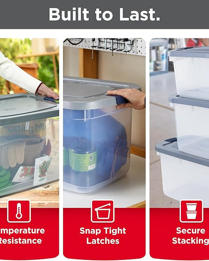 Rubbermaid Roughneck Clear 66 Qt/16.5 Gal Storage Containers, Pack of 4 with Latching Grey Lids, Visible Base, Sturdy and Stackable, Great for Storage and Organization