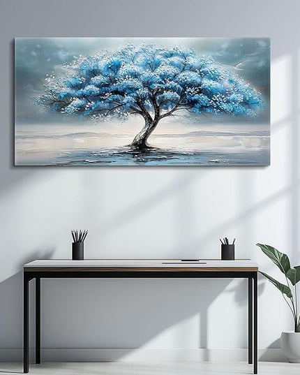 FUHAIHUA Farmhouse Wall Decor For Living Room Large Canvas Wall Art For Bedroom Office Decorations Blue Tree Paintings Abstract Wall Pictures Artworks Ready To Hang Home Decor Mural Art 24"X48"