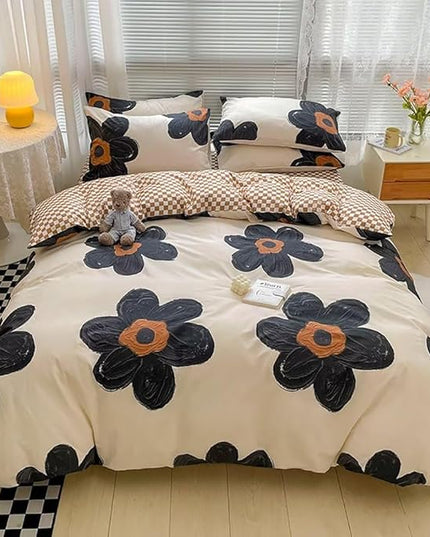 Houseri Black Floral Comforter Set Twin Beige 3D Floral Bedding Comforter Sets Twin Size for Toddler Girls Kawaii Flowers Comforter Cute Relief Print Bedding Beige White Flower Bedding Set Twin