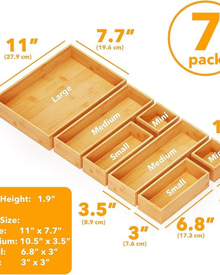 SpaceAid 7-Piece Bamboo Drawer Organizer Storage Boxes Set, Wood Tray Junk Drawer Organizers Multi-Use Divider Bins for Kitchen, Bathroom, Office Desk and Makeup Organization (7 Pack, Natural)