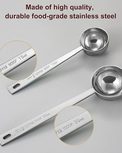 Premium Coffee Scoop Set, Set of 2, Metal Stainless Steel Long Handle Coffee Scoop, Measuring Coffee Spoons Contains 1 Tablespoon (15 ml) and 2 Tablespoons (30 ml) Spoon-Silver