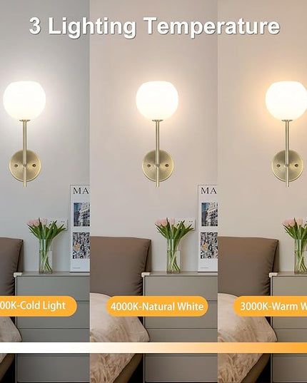 Brass Battery Operated Wall Sconces Set of 2, Rechargeable Wireless Wall Lights with Milky White Frosted Glass, 12 RGB and 3CCT Dimmable, Wall Lamps with Remote for Bedroom Living Room Hallway