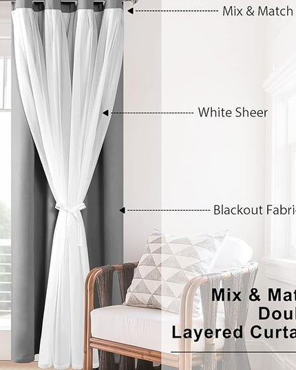 Hiasan Grey Blackout Curtains with Sheer Overlay, Grommet Thermal Insulated Privacy Mix & Match Double Layer Room Darkneing Curtains for Bedroom, Living Room, 2 Window Panels with Tiebacks, 52W X 84L