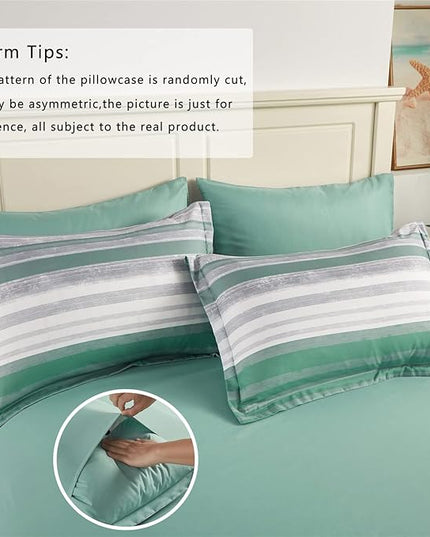 KAKIJUMN 7 Piece Bed in a Bag Stripe Comforter Set King Size, White Grey Sage Green Patchwork Striped Comforter and Sheet Set, All Season Soft Microfiber Complete Bedding Sets(Green,King)