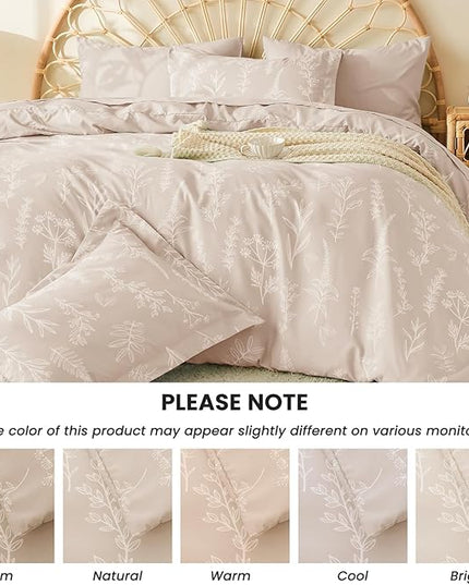 MUXHOMO Beige King Comforter Set, Elegant Floral Print Bed in a Bag 7 Pieces, Ultra Soft & Breathable Reversible Botanical Pattern Bedding Set with Comforter, Sheets, Pillowcases, and Shams