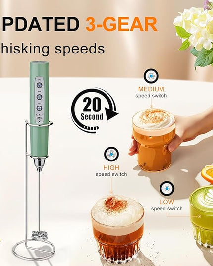YUSWKO Granite Rechargeable Milk Frother for Coffee with Stand, Handheld Drink Mixer with 3 Heads 3 Speeds Electric Stirrers for Latte, Cappuccino, Hot Chocolate, Egg
