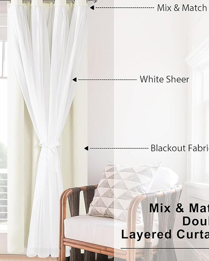 Hiasan Mix & Match Ivory Blackout Curtains with Sheer, Thermal Insulated Privacy Double Layer Grommet Window Curtains for Bedroom, Living Room, Nursery, 2 Drape Panels with Tiebacks, 52W X 96L