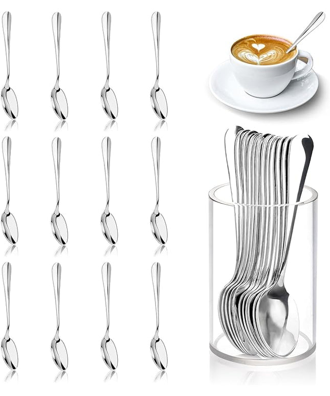 12 Pcs Mini Coffee Spoons with Holder 4.7 inch Demitasse Espresso Stainless Steel Spoon Tea Spoons set of 6 with Acrylic Cylinder Holder Small Coffee Spoon Silver for Cafe Bar Tea Party Home