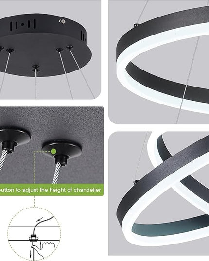 2-Rings Modern LED Chandelier Black for Dining Room, Circular Flush Mount Ceiling Chandelier Light Dimmable Pendant Light with Remote Control for Living Room Entrance Foyer, 3000K-6500K