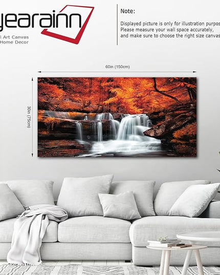 yearainn Autumn Forest Canvas Wall Art Waterfall Picture Stream River Landscape Red Tree Modern Canvas Artwork Contemporary Nature Picture Living Room Bedroom Home Office Wall Decor 29" x 58"