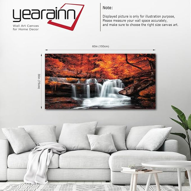 yearainn Autumn Forest Canvas Wall Art Waterfall Picture Stream River Landscape Red Tree Modern Canvas Artwork Contemporary Nature Picture Living Room Bedroom Home Office Wall Decor 29" x 58"