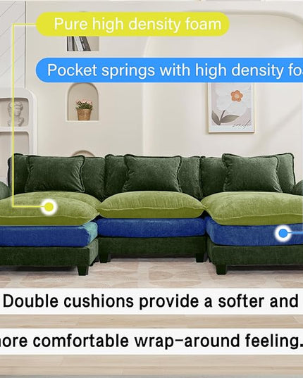 120" Modular Sectional Sofa, Comfy Cloud Couch Sectional Sofa with Ottoman, Chenille Sofa Sleeper Deep Seat Sofa with Throw Pillows for Living Room (Green, 120"- U Shape)