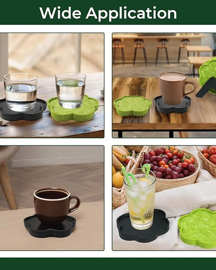 Acacia Wood Coasters Set of 8 with Holders, 4 Acacia Wood & 4 Absorbent Felt Pads, 3 Inches Fit Coffee Table, Home, Office, Bar, Coasters Set of 8 (Flower Black)