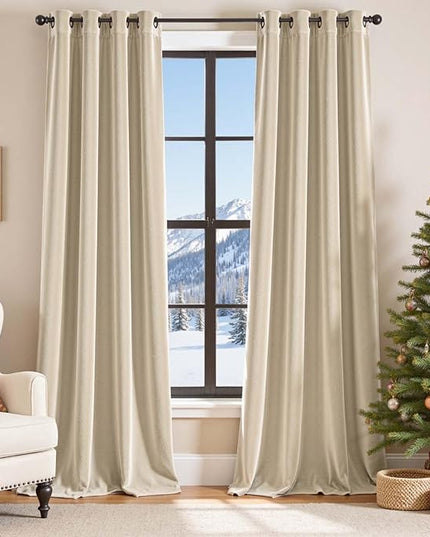 Lazzzy Velvet Curtains Beige Thermal Insulated Curtains 96 inch Long for Bedroom Living Room Darkening Noise Reducing Soft Luxury Window Treatments Grommet Drapes 2 Panels Beige