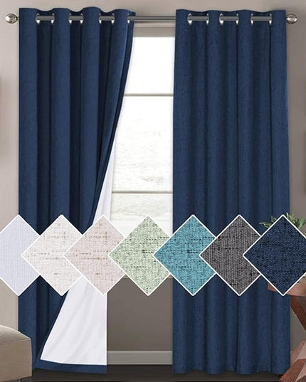 H.VERSAILTEX 100% Blackout Curtains for Bedroom 84 Inches Long Grommet Linen Face Full Light Blocking Curtain Drapes for Living Room Thermal Linen Look Curtains 2 Panels Set, 52" W x 84" L, Navy